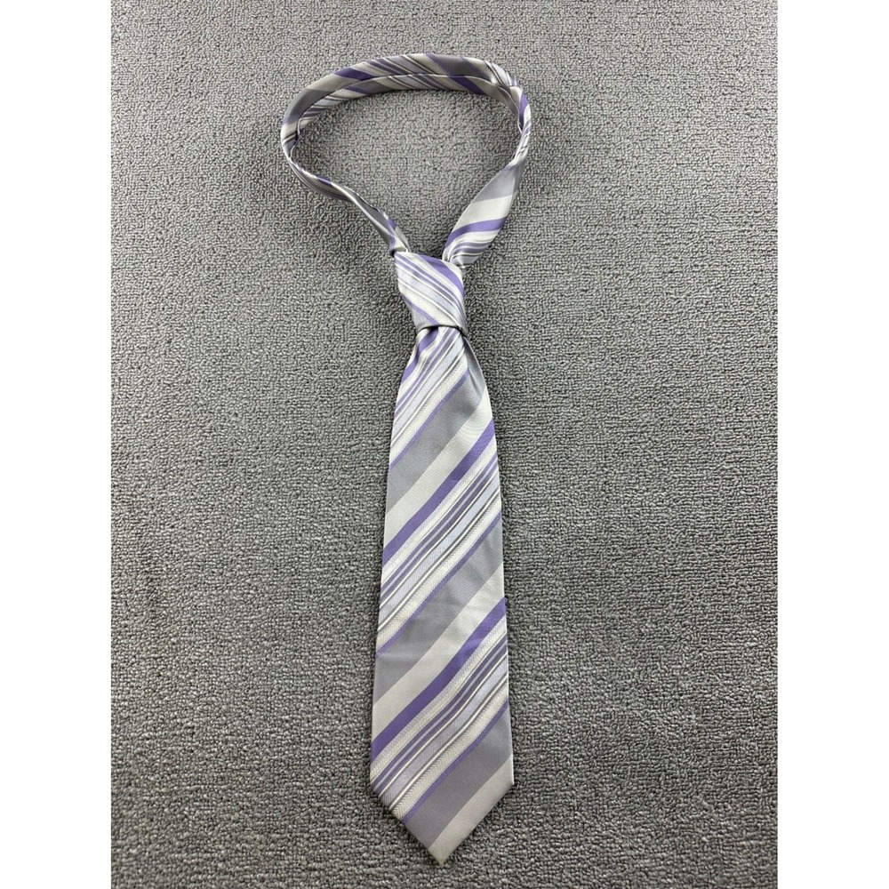 Vintage Emmanuelle Khanh Homme Neck Tie Gray Purple Striped 100% Silk 90s
